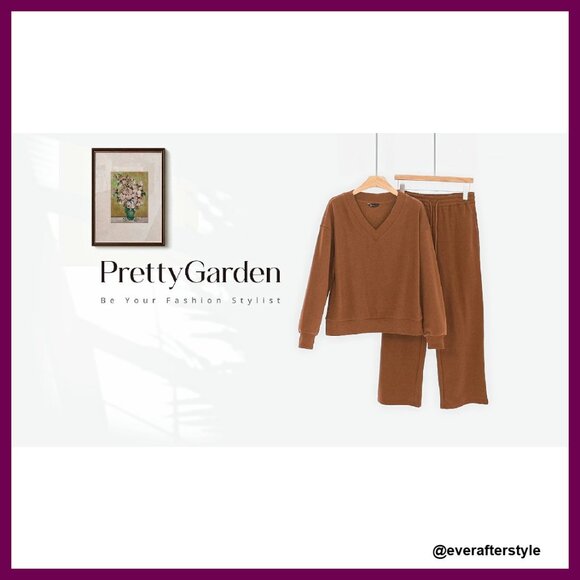 V Neck Sweatshirt Wide Leg Pants Set Cozy Knit Casual Winter Outfit - Picture 8 of 8